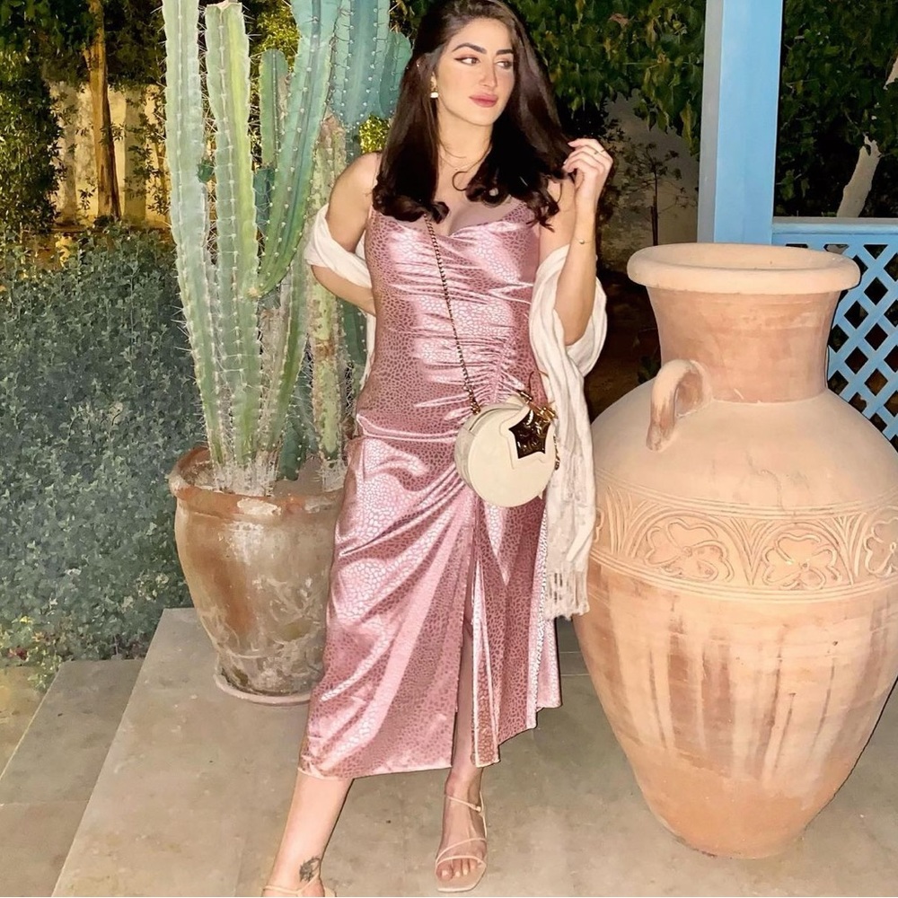 LINI Printed Ruched Light Pink Midi Dress